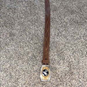 Western belt with barrel racing belt buckle